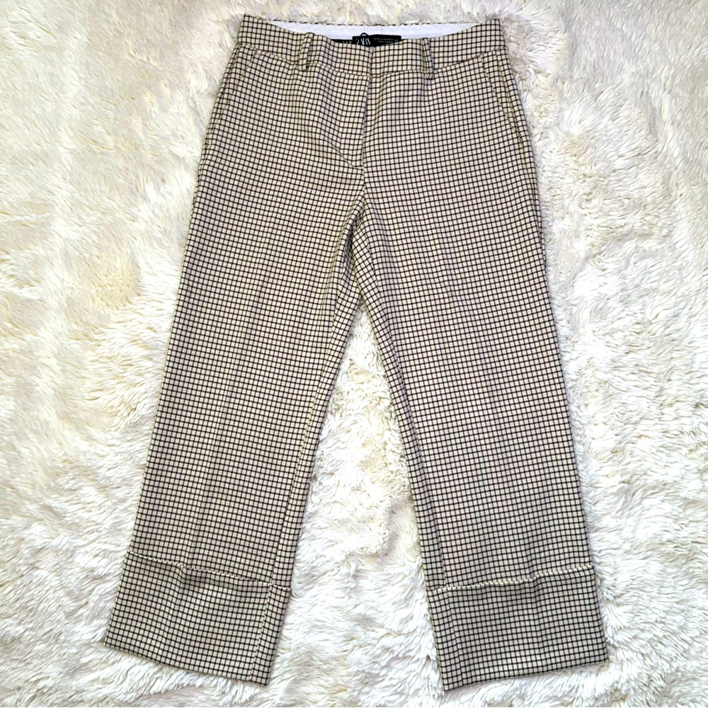 Zara Straight Cropped Cuffed Pants w/ Windowpane Pattern